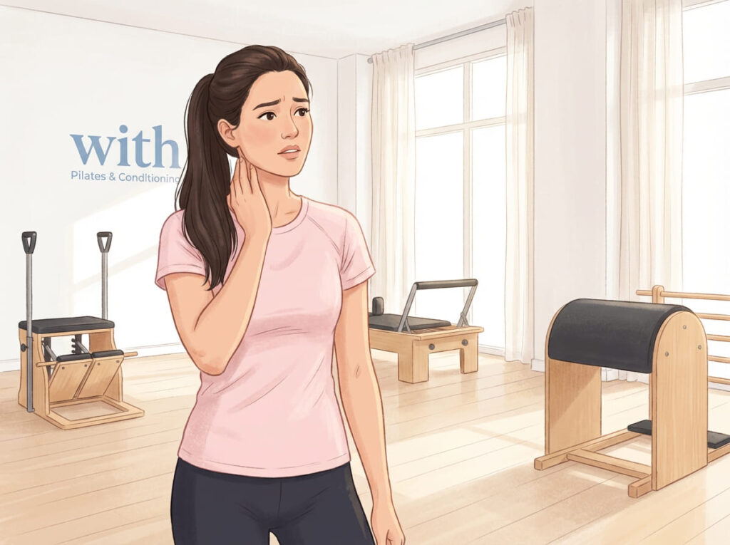 ピラティス後に首の重さや違和感を感じて不安になっている様子