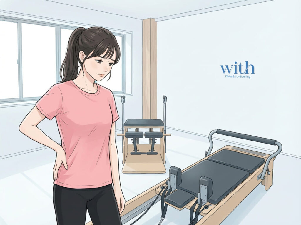 ピラティス中や日常動作で股関節の奥に詰まり感や違和感を覚えて不安になっている様子