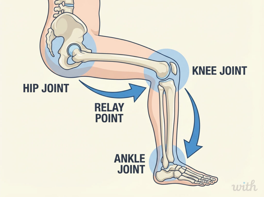 股関節と足関節に挟まれた膝関節の位置関係を示した図