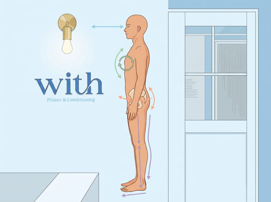 猫背が背中の丸さだけでなく、視線や呼吸、骨盤など全身の要素と関係していることを示すイラスト