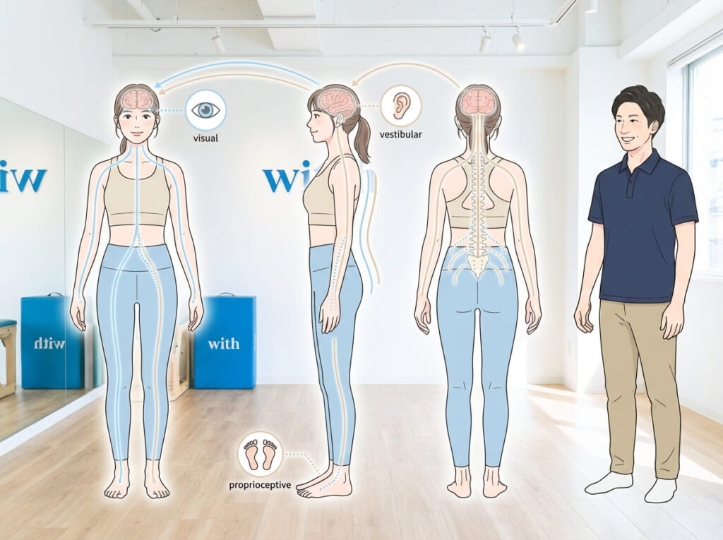 姿勢が筋力や意識だけでなく、感覚や神経系の制御によって成り立っていることを示すイラスト
