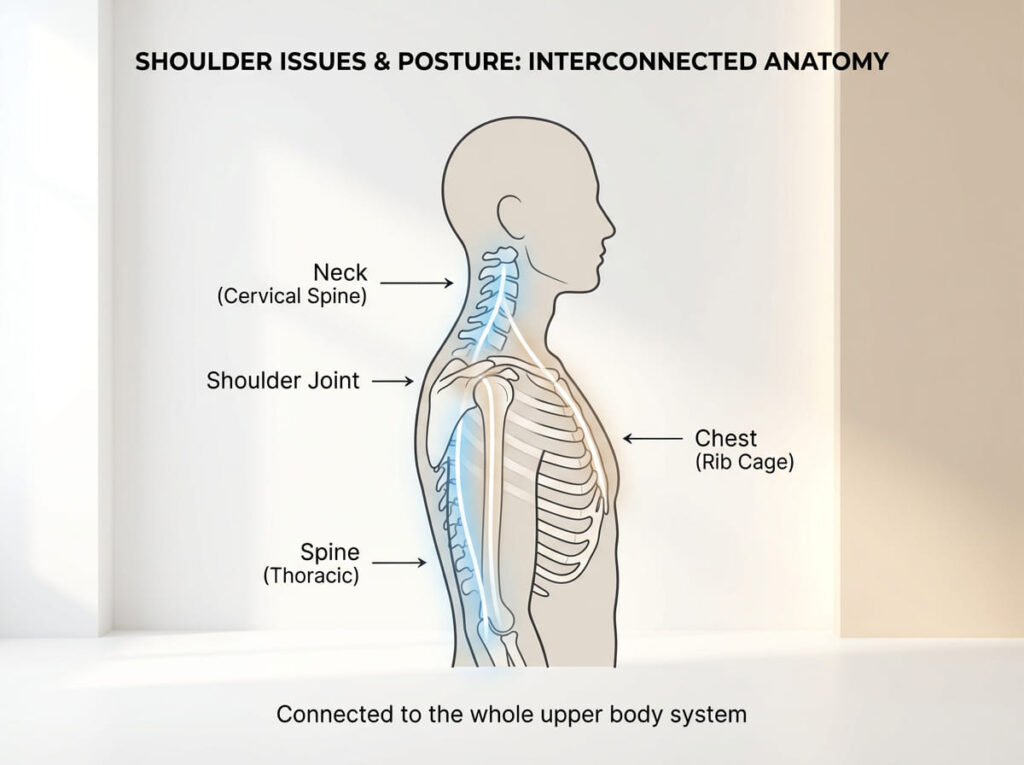 肩こりが肩だけでなく、首や胸郭、姿勢全体の影響を受けていることを示すイラスト