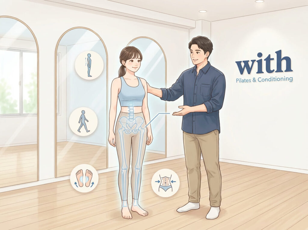 O脚が脚の形だけでなく、姿勢や立ち方、全身の使い方と関係していることを示すイラスト