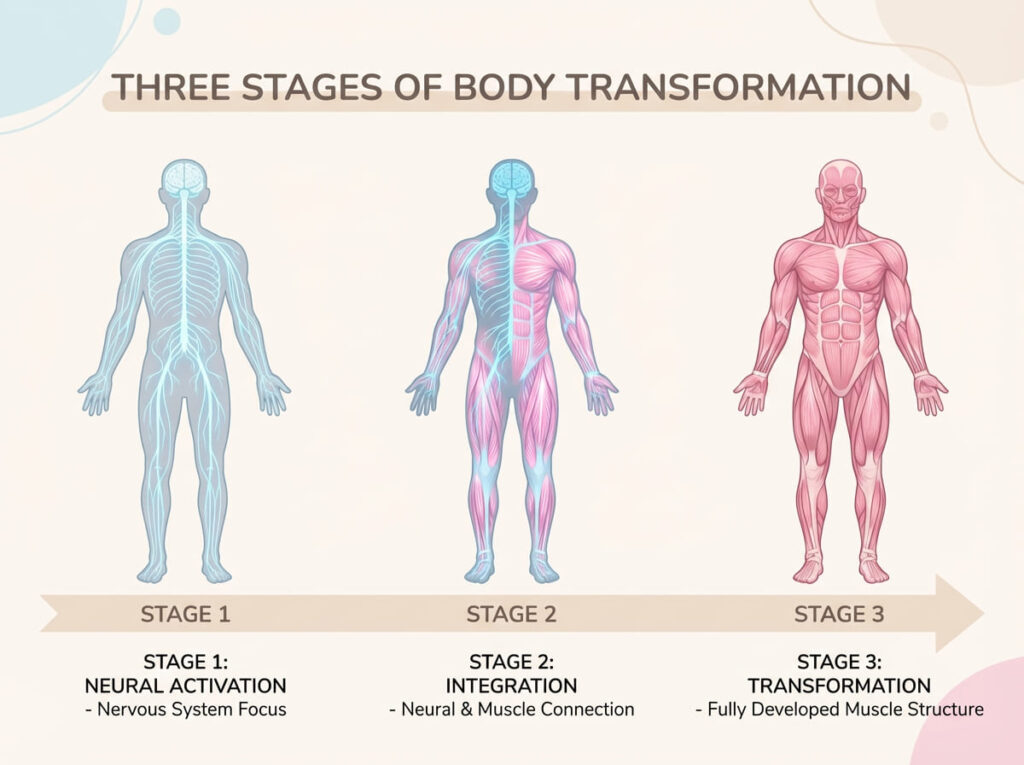 トレーニングの効果を神経学的効果から組織学的効果と段階的に合わらしたイメージ