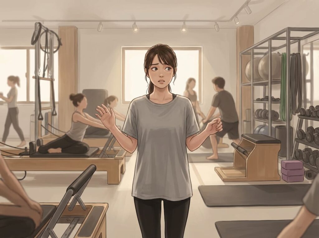 ジムやヨガの環境で、何をすればよいか分からず戸惑っている様子を示すイラスト