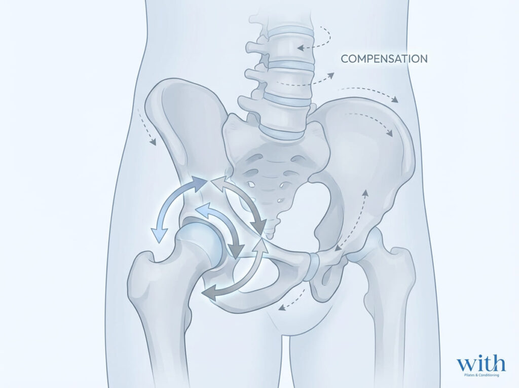 股関節は自由度が高く代償動作が起きても気づきにくい関節であることを示すイメージ