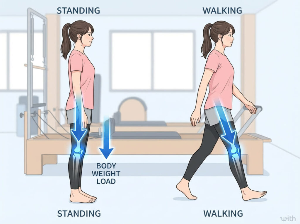 立位や歩行時に膝関節へ体重がかかる様子を示したイラスト