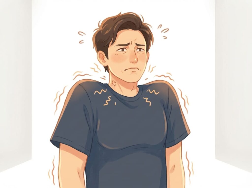 呼吸を強く意識しすぎることで、かえって緊張が高まり息苦しさを感じている様子を示すイラスト