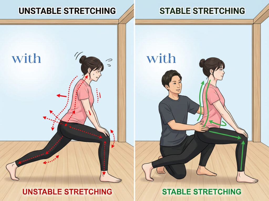 身体の安定性が不足している状態と、安定した状態でストレッチを行っている場合の違いを示すイラスト