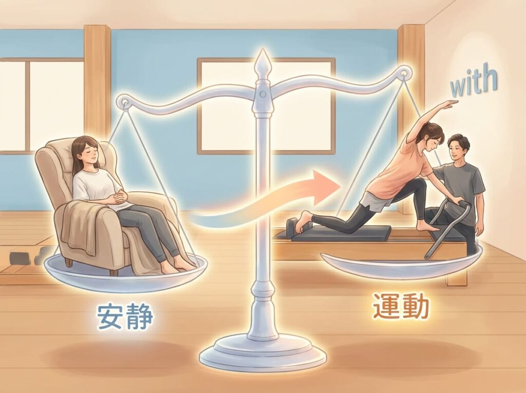 痛みがある状態でも、動かし方やタイミングによって対応が異なることを示すイラスト