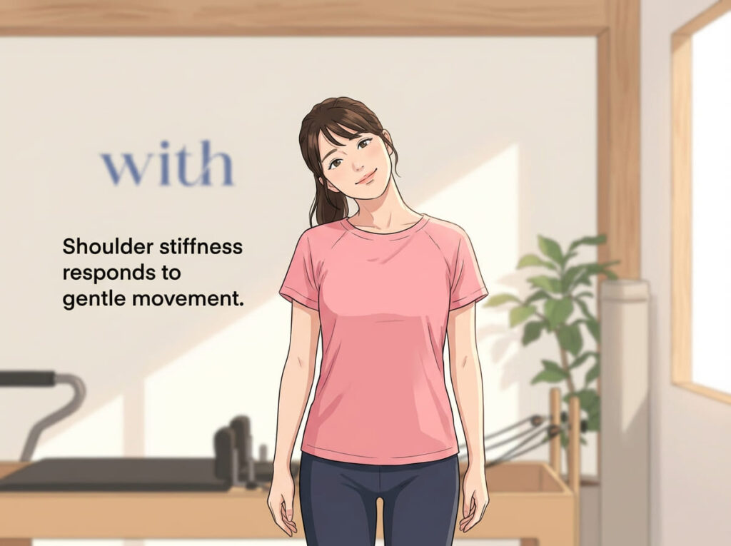 肩や首を動かすことで一時的に軽さを感じている肩こりの例を示すイメージ