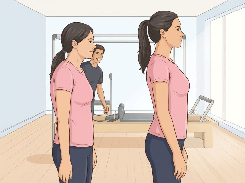 意識することで一時的に姿勢が整う、運動で改善しやすい猫背の例を示すイラスト