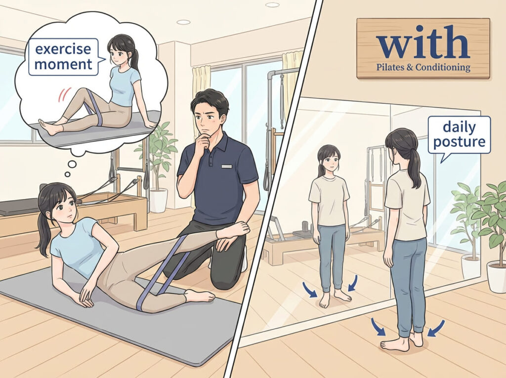 運動やストレッチを行っても、日常の立ち方や荷重の癖が変わらずO脚が戻ってしまう様子を示すイラスト