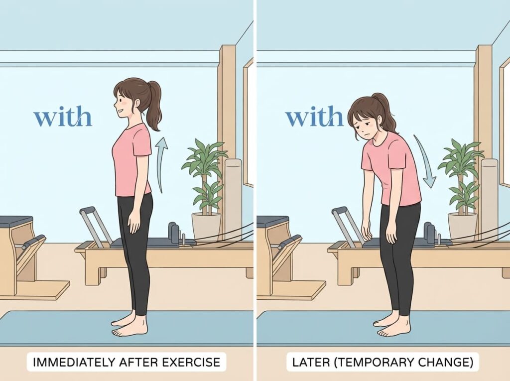 ストレッチや運動後に一時的に姿勢が整っても、日常生活で元に戻ってしまう様子を示すイラスト