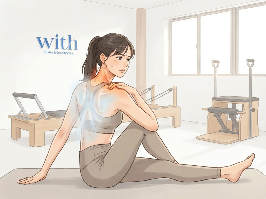 背中や体幹の感覚が分からず肩や首に力が入りやすい状態のイメージ