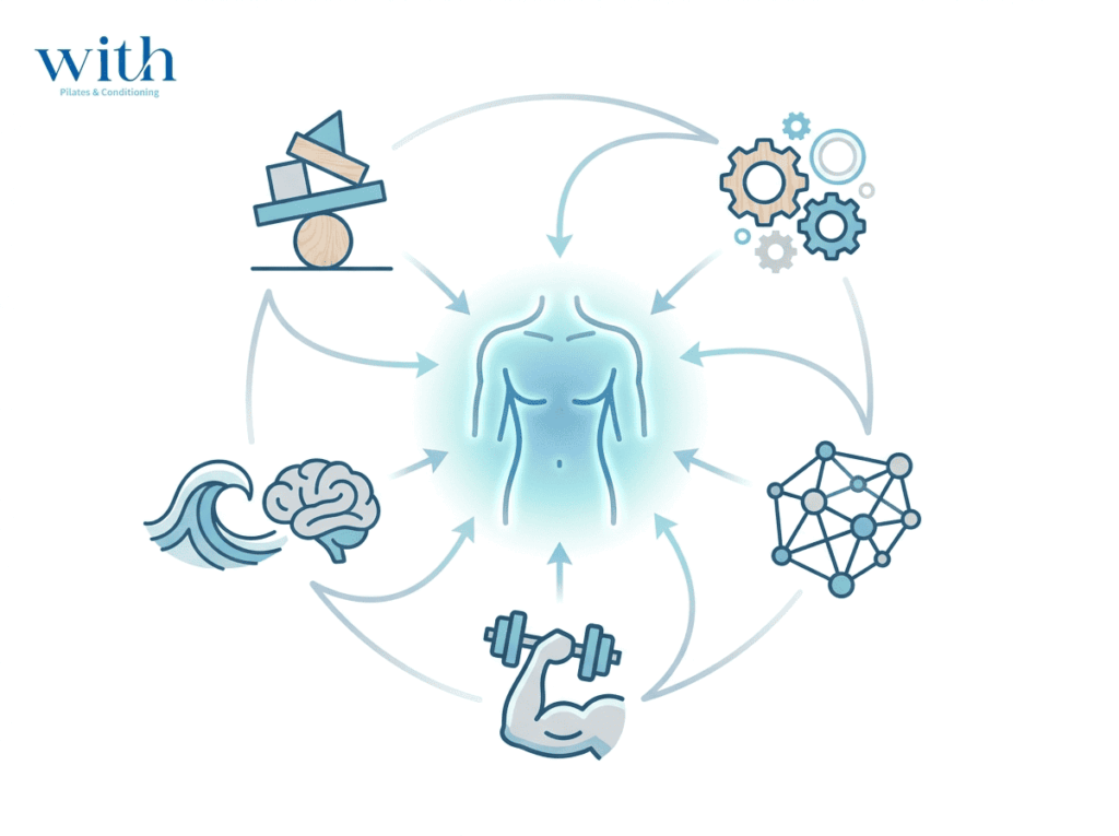 姿勢や感覚など複数の要素が安定性に関わることを示すイメージ