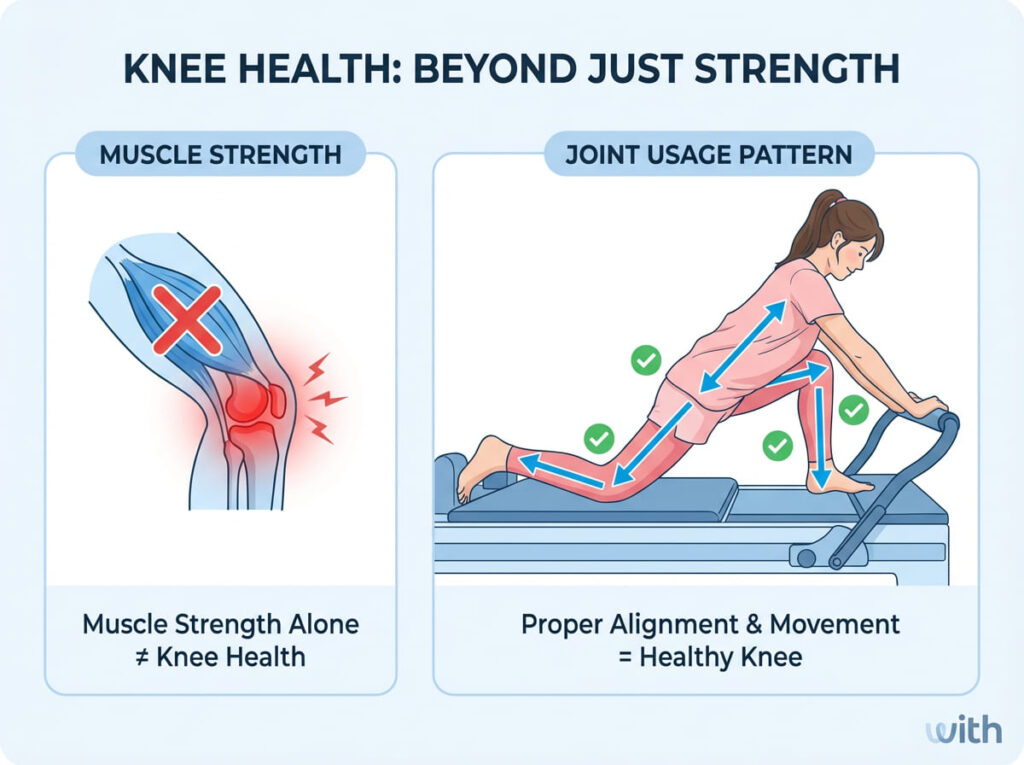 膝の痛みが筋力だけでなく関節の使われ方にも関係することを示したイラスト