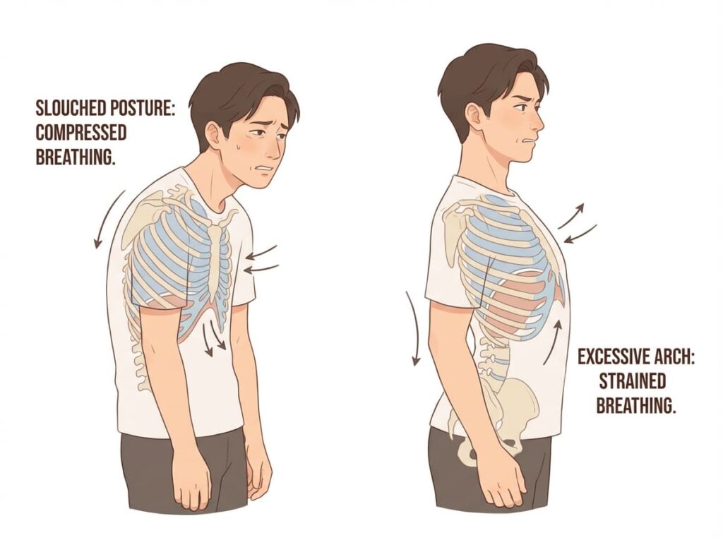 姿勢の崩れや身体の不安定さによって、呼吸がしにくくなっている状態を示すイラスト