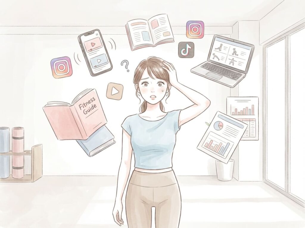 姿勢改善の方法が多すぎて、何を選べばよいか分からなくなっている様子を示すイラスト