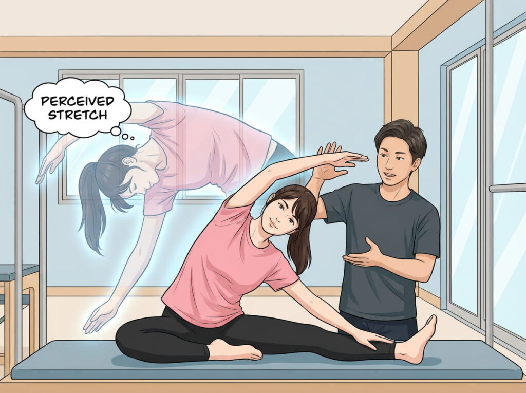 ストレッチ中に感じている感覚と、実際の身体の動きにズレが生じている状態を示すイラスト