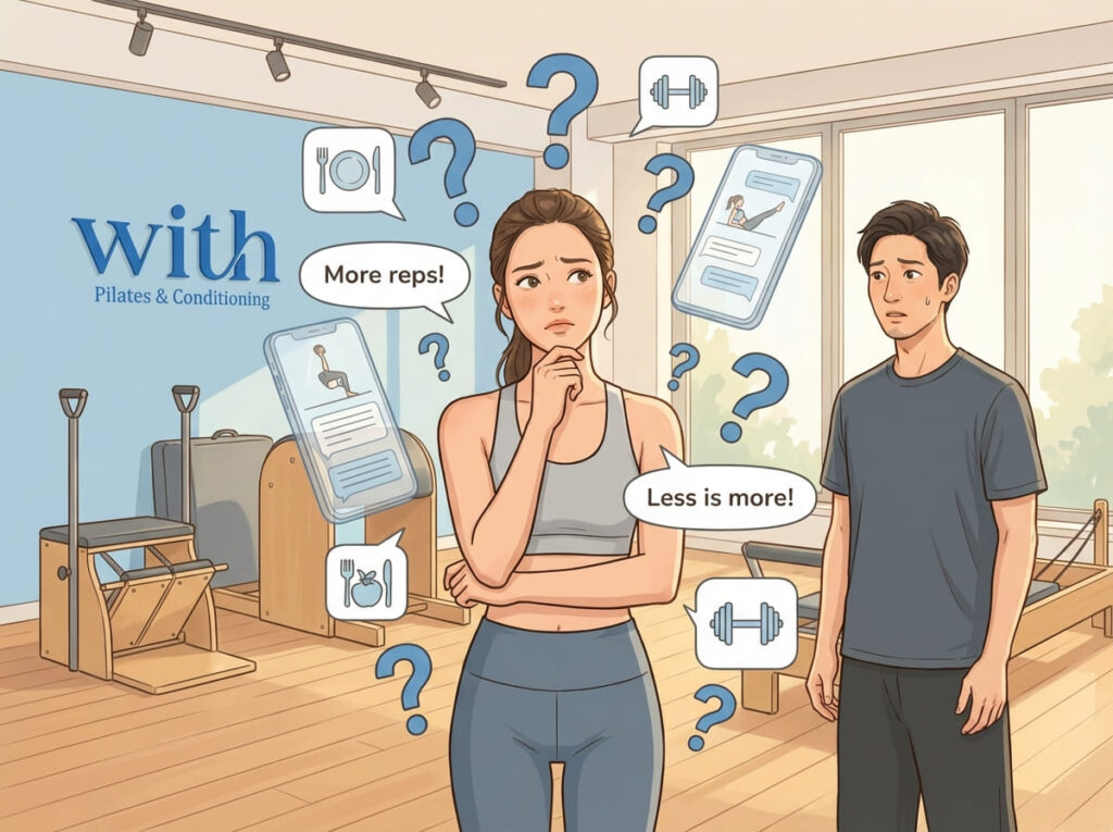 痛みや運動に関する情報が整理されておらず、不安を感じている様子を示すイラスト