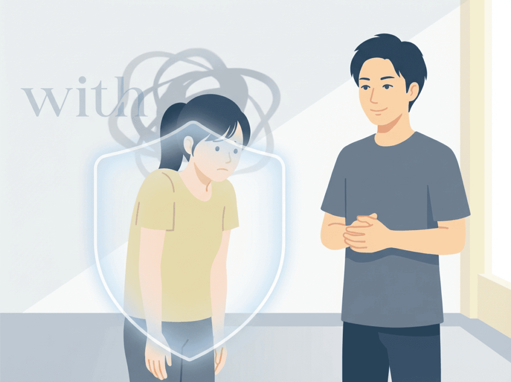 不安や過去の痛みの経験によって身体が緊張を保とうとする反応を表したイメージ