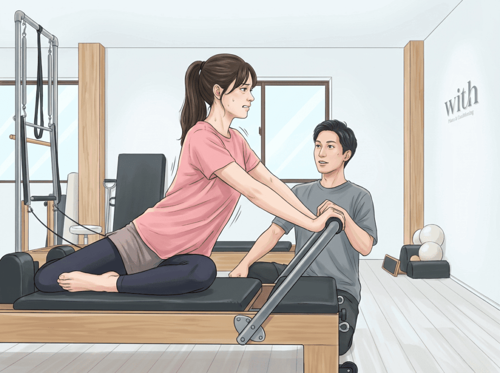 姿勢を意識しすぎることで身体に緊張が生じ負担がかかっている様子を示したイラスト