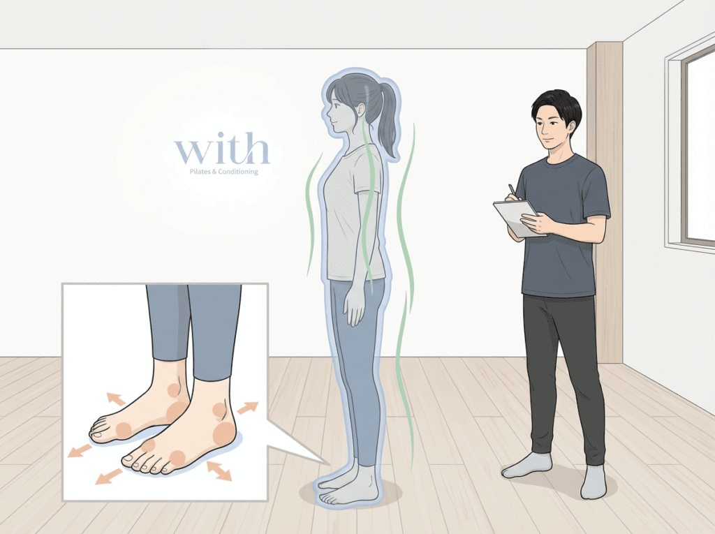 安定性を評価するために複数の視点で身体を観察するイメージ