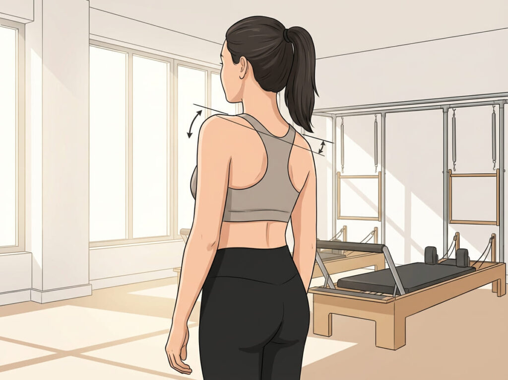 肩の高さや動きに左右差があるが本人は気づいていない状態を表すイメージ
画像生成補足