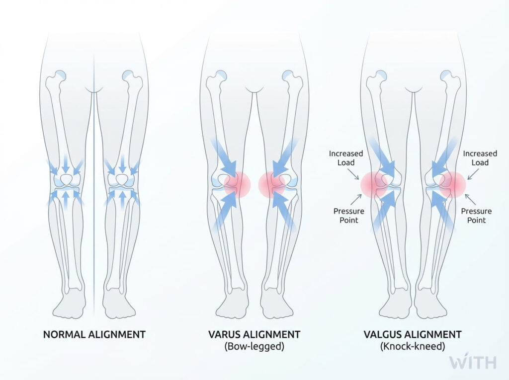 脚のアライメントによって膝への力のかかり方が変わることを示した図