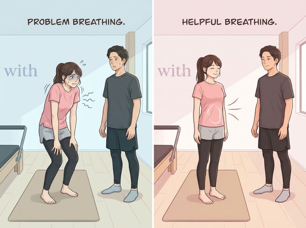 身体の状態が整っている場合と、緊張が強い状態で呼吸練習を行っている場合の違いを示すイラスト