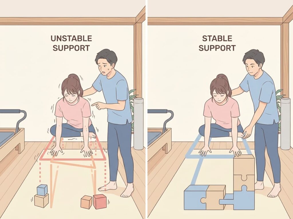 身体を支える安定性が不足している状態と、安定している状態の違いを比較したイラスト