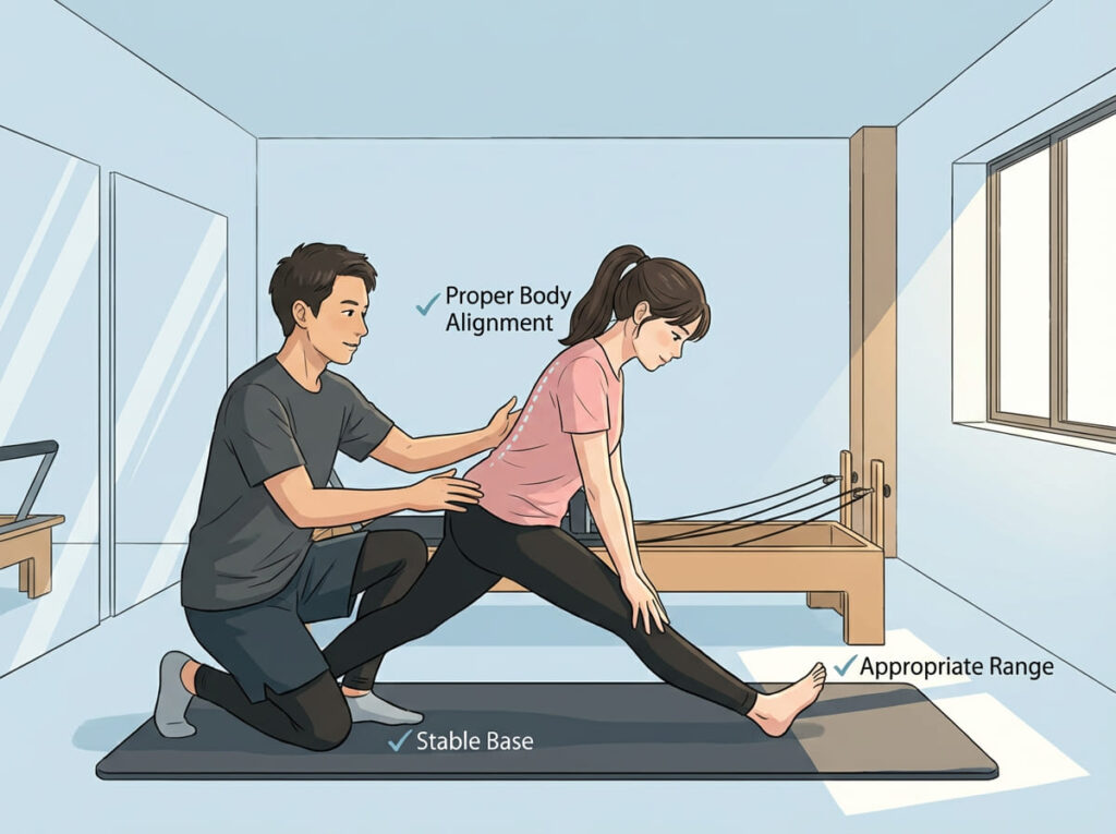 姿勢や身体の使い方を整理したうえで、無理のない範囲でストレッチを行っている様子を示すイラスト