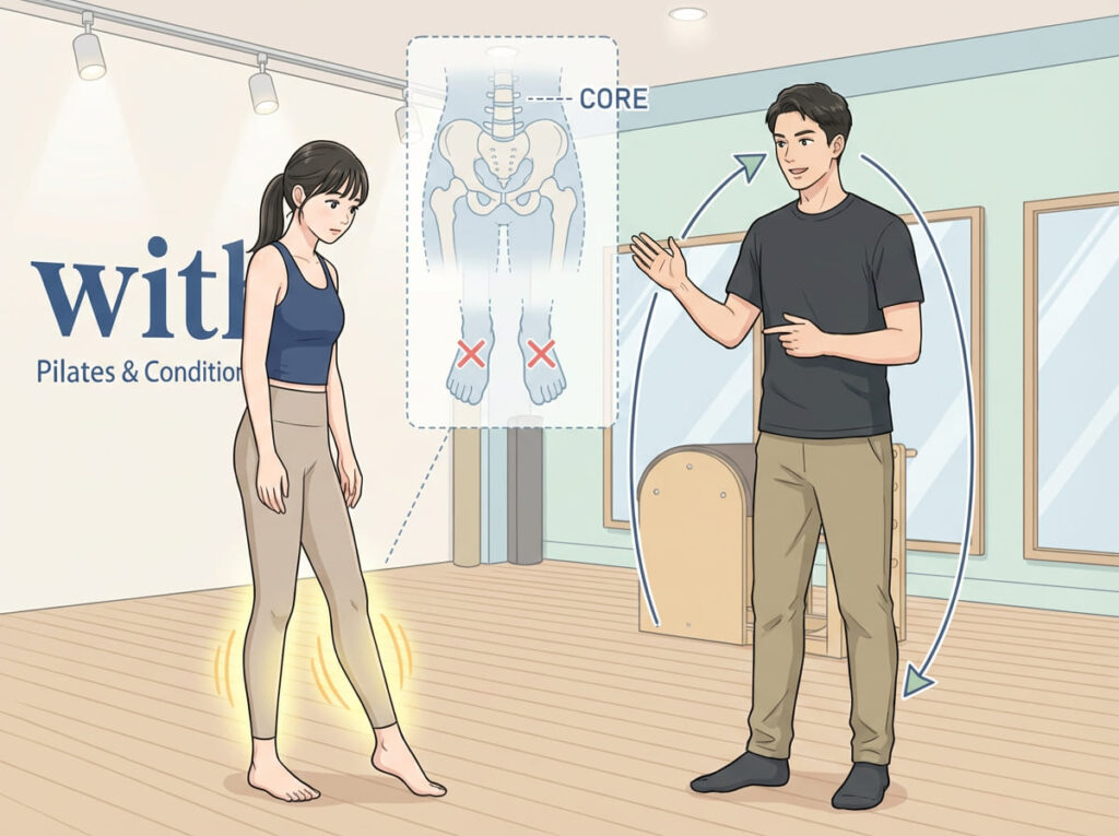 脚のラインだけに注目し、骨盤や体幹、足部の影響が見落とされている状態を示すイラスト