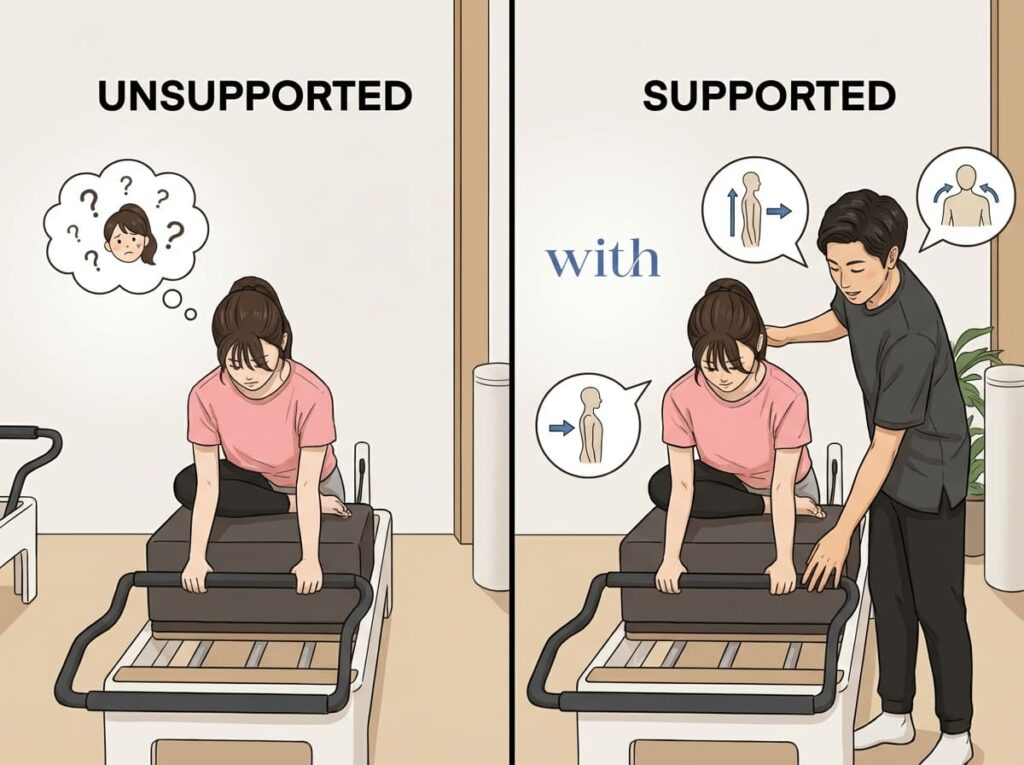 運動の進め方や説明の有無によって、感じ方が変わることを示したイラスト