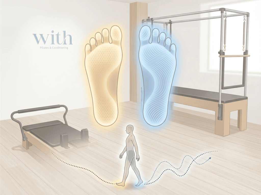 足裏で感じる感覚の違いが動きに影響することを示すイメージ