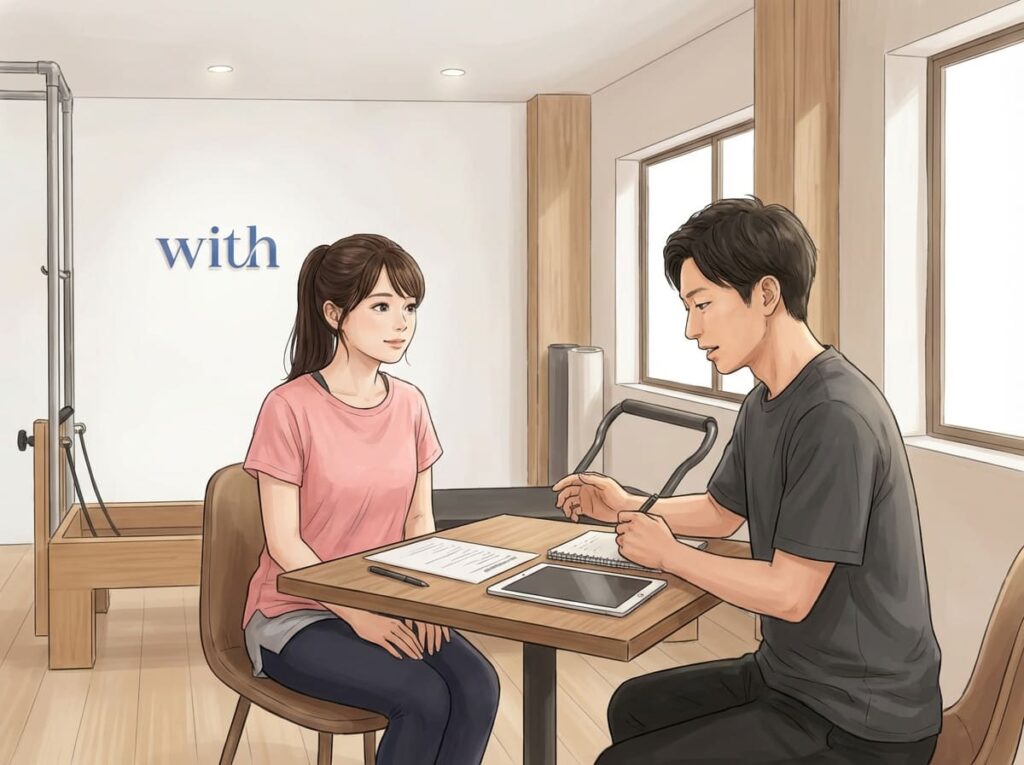 自分の状態や不安を確認しながら、運動について相談している様子を示すイラスト