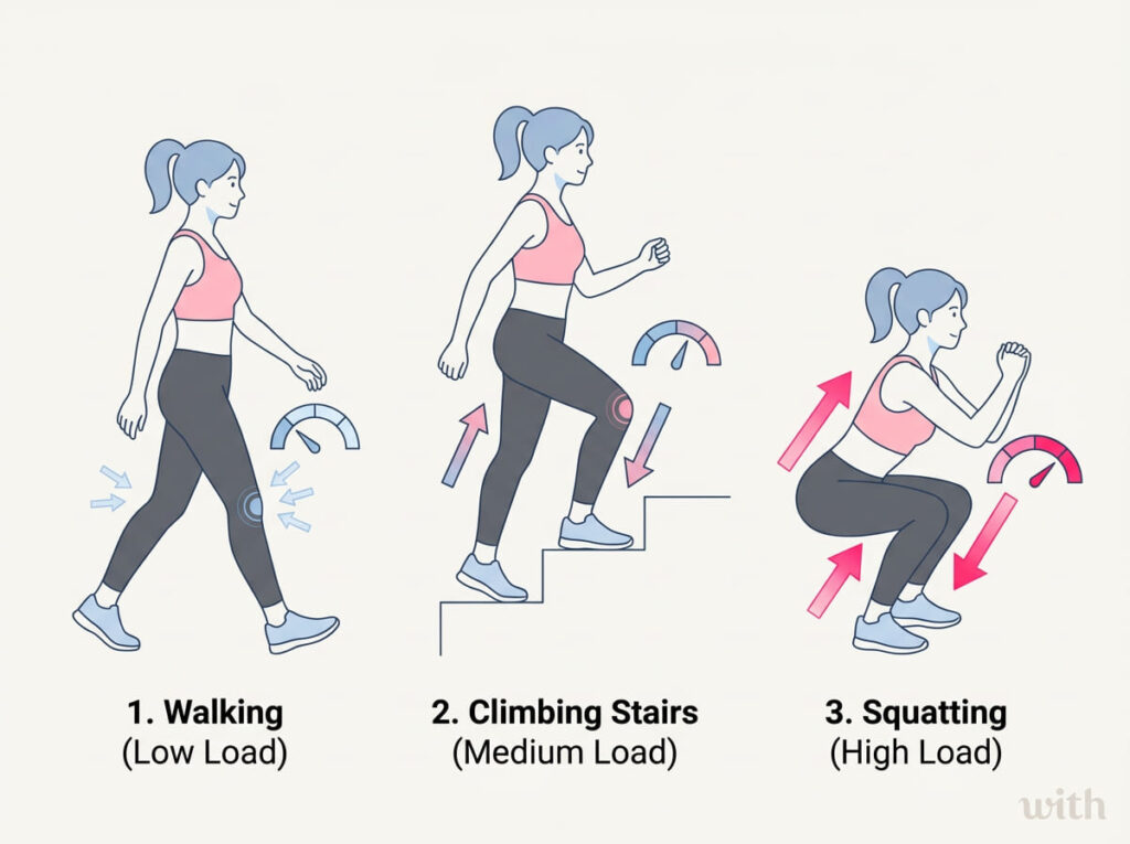 動作の違いによって膝にかかる負担が変わることを示したイラスト