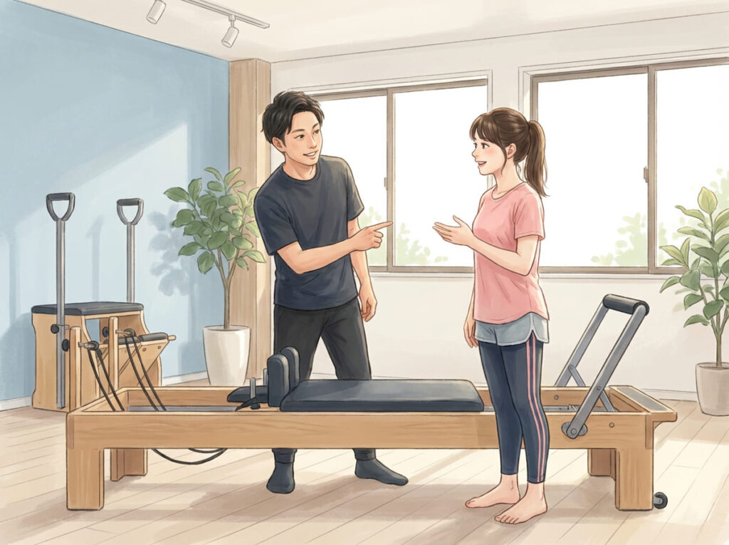 自分の身体の状態を確認しながら、マシンピラティスに取り組んでいる様子を示すイラスト