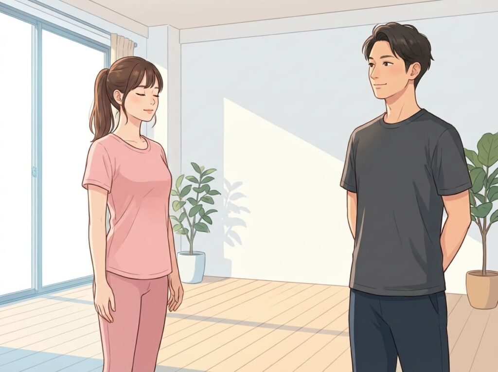 姿勢や動作も含めて全身の状態を整えながら、自然な呼吸が行われている様子を示すイラスト