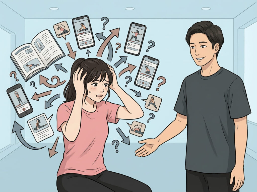 ストレッチ方法が多すぎて、自分に合う進め方が分からなくなっている様子を表したイラスト