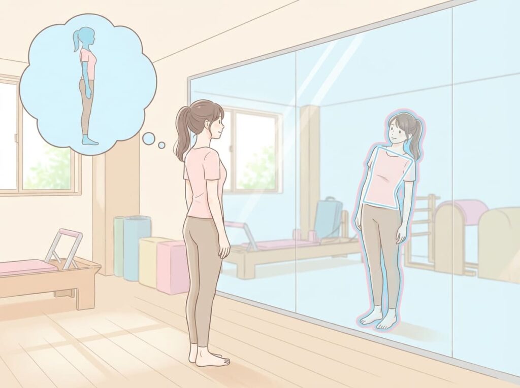 自分では正しい姿勢だと思っているが、実際の姿勢とはズレが生じている状態を示すイラスト