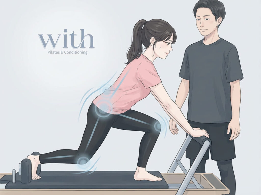 股関節の詰まりを避けるために腰や膝で代償している状態のイメージ