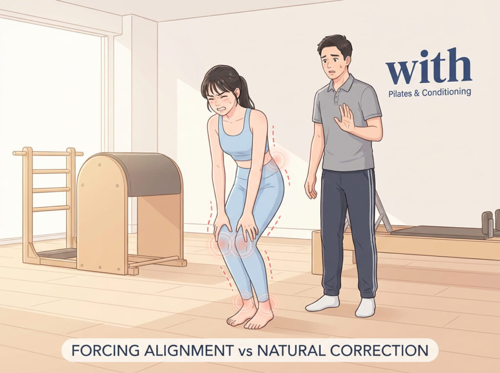 脚の形を無理に整えようとして、身体に不自然な力が入っている様子を示すイラスト