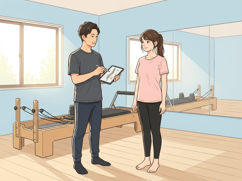 専門家とともに姿勢や身体の状態を確認し、改善の方向性を整理している様子を示すイラスト