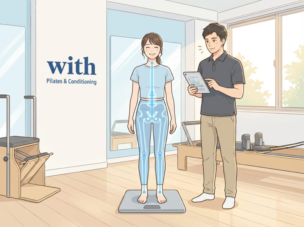 姿勢や動作を評価しながら、全身の使い方を整えてO脚改善に取り組んでいる様子を示すイラスト