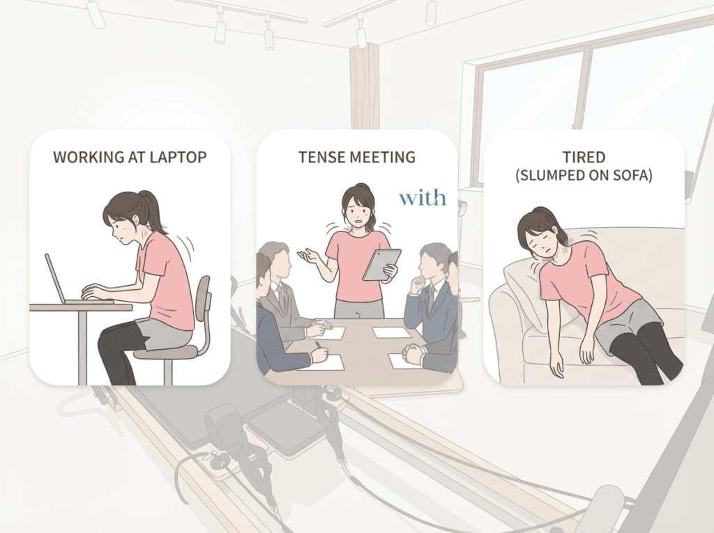 仕事中や緊張する場面で肩の力が抜けにくくなる状況を表したイメージ