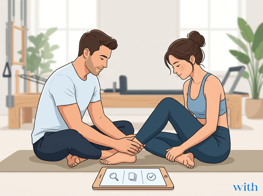 足首の状態を整理し判断材料を集めている様子を表したイラスト