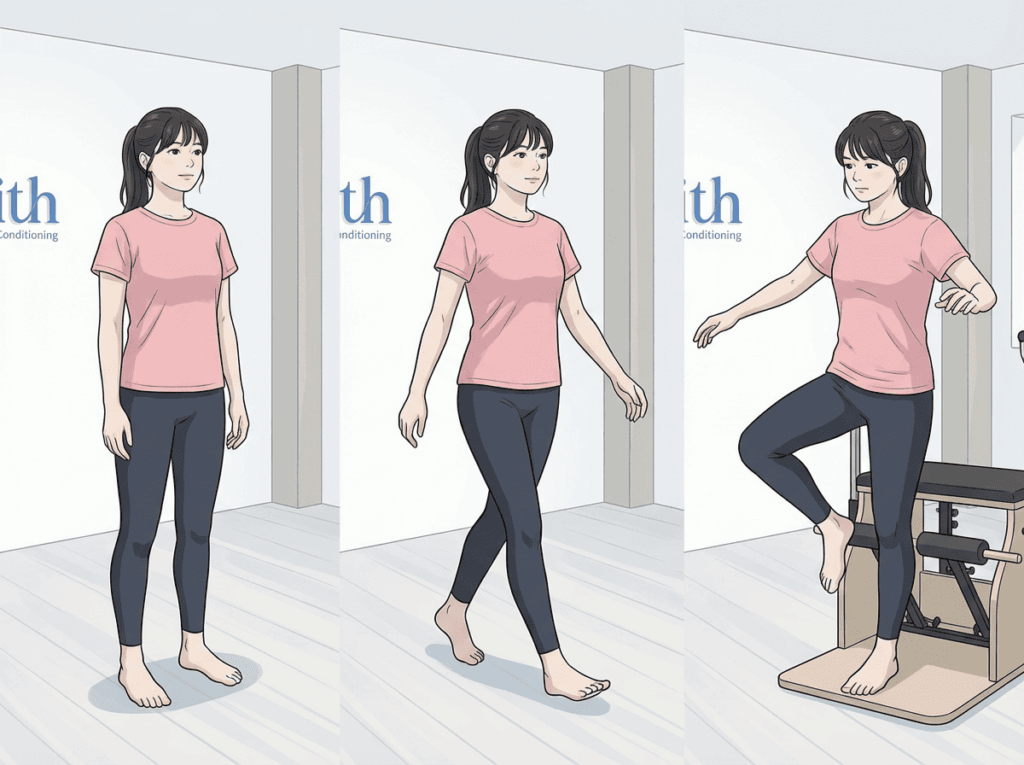 立位や歩行など場面によって安定の感じ方が変わることを示すイメージ