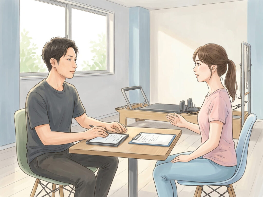 初回体験でいきなり運動を行わず、姿勢や動きを確認している様子を示すイラスト